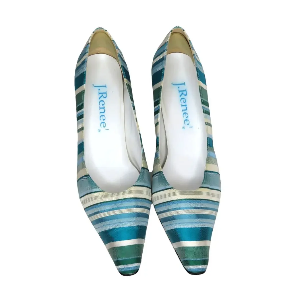 J. Renee 1980s Vintage Heels Satin Blue Striped Vintage Pumps Size 9 Retro - Picture 4 of 6